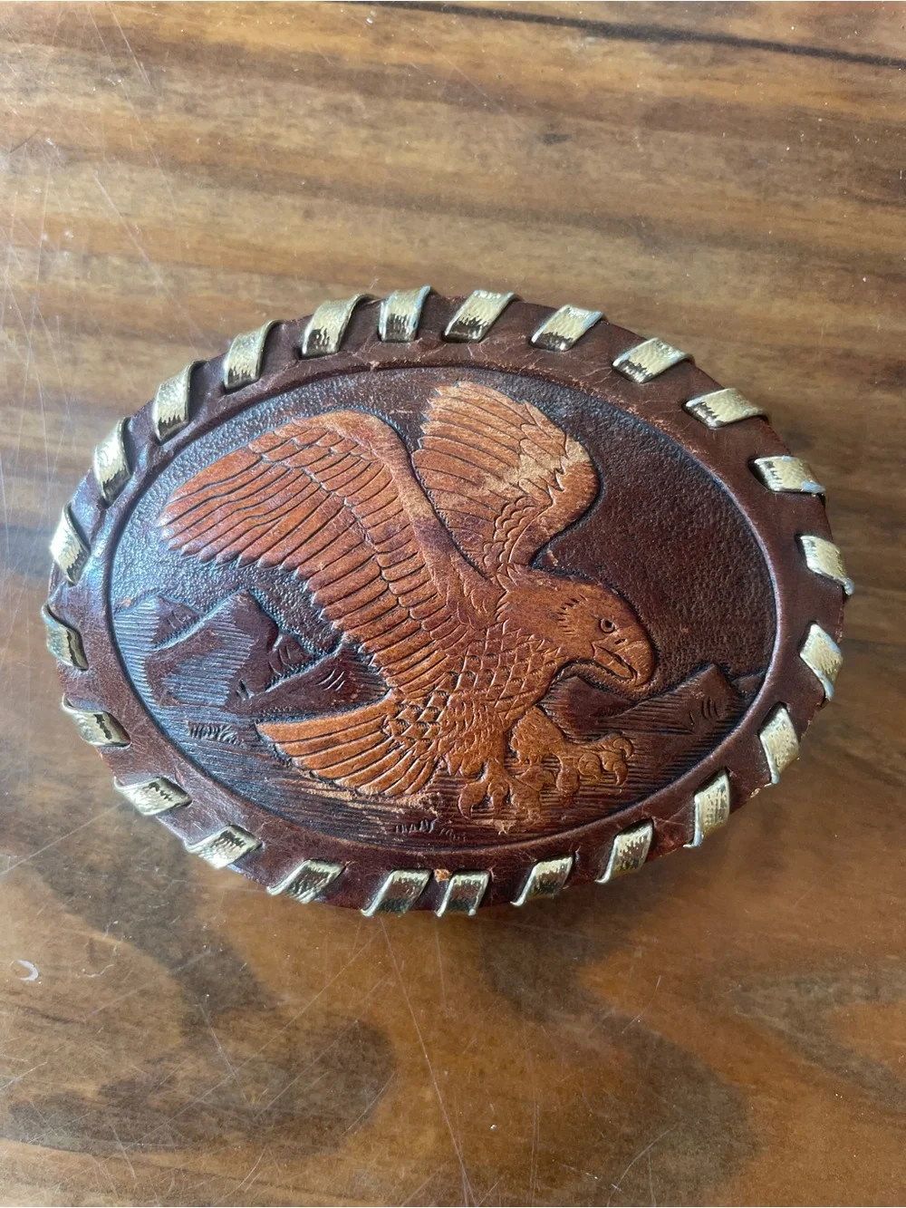 Vintage Leather Eagle Belt Buckle - Brown with Gold Accents western rustic